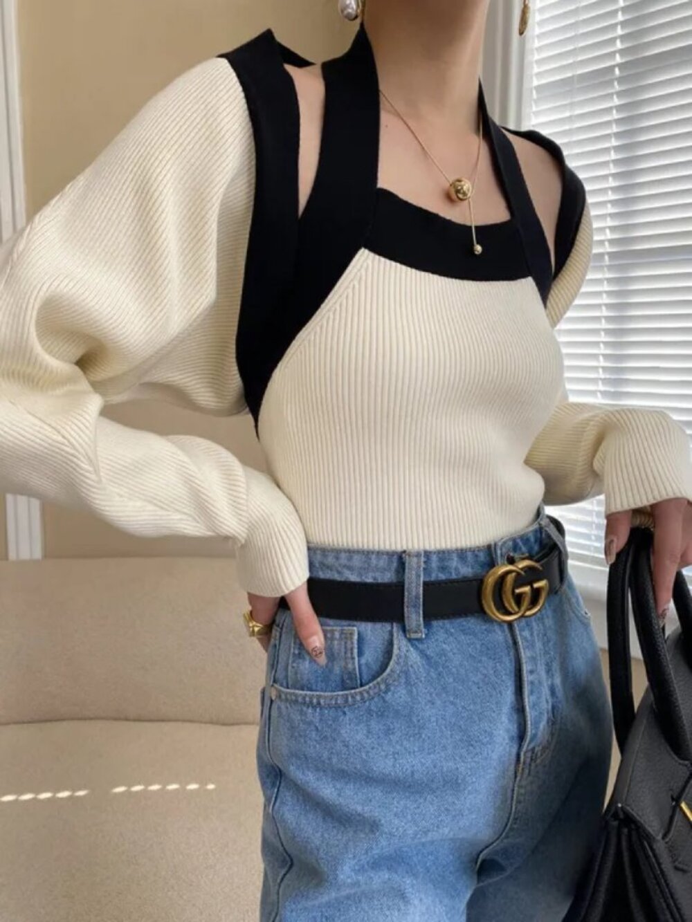 Commense NWT Contrast Trim Halter Bolero Two Piece Sweater Set Off White Large